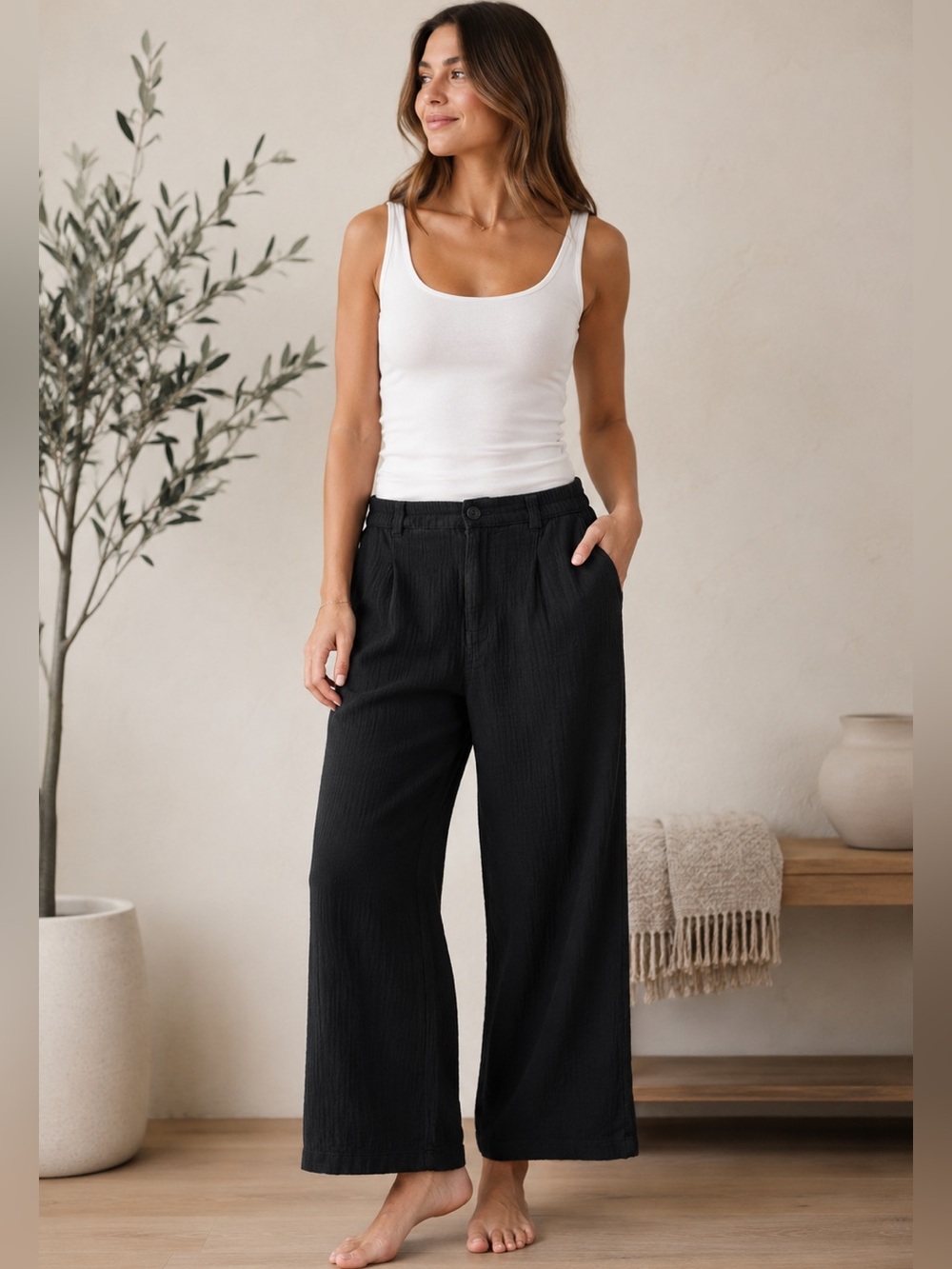 Aerie Size Large 100% Cotton Gauze Wide Leg Pants Button Zip Casual Lounge